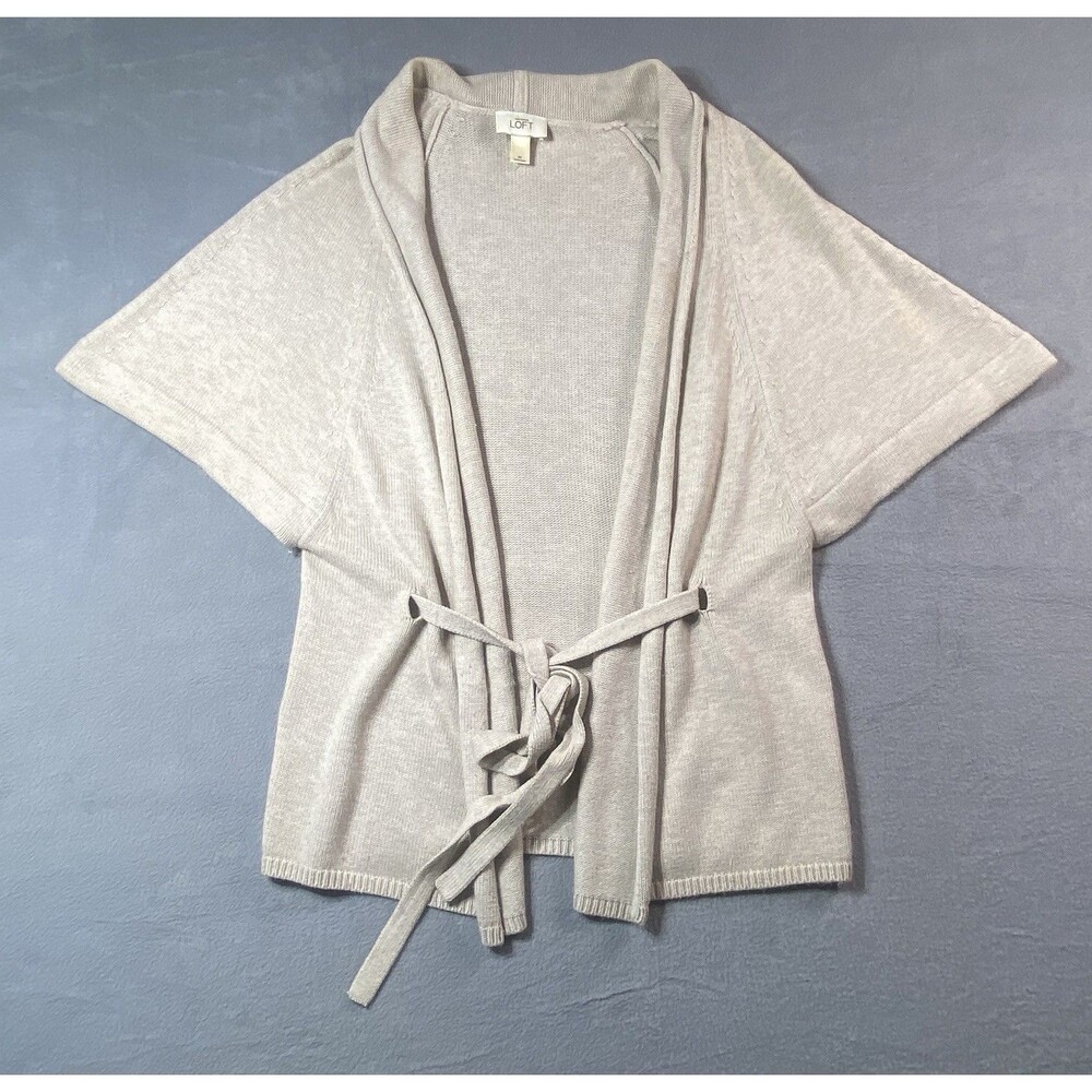 LOFT Rabbit Hair Blend Wrap Cardigan Beige Belted Short Sleeve Sweater Women M